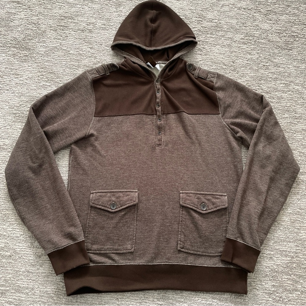 LRG Hoodie Mens Large Brown Colorblock Henley Sweatshirt Pockets Long Sleeve